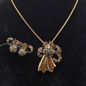 Vintage 12K Gold Filled Necklace Earrings Set Blue Rhinestones Marks and Spencer